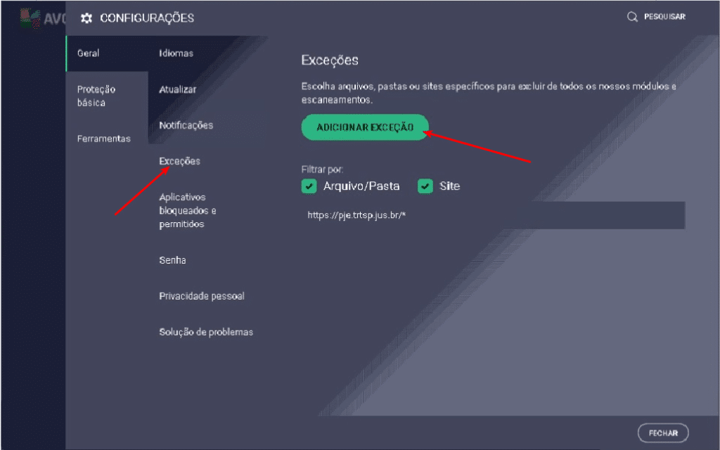 Antivírus bloqueando acesso ao TRT 5 Configurações do AVG