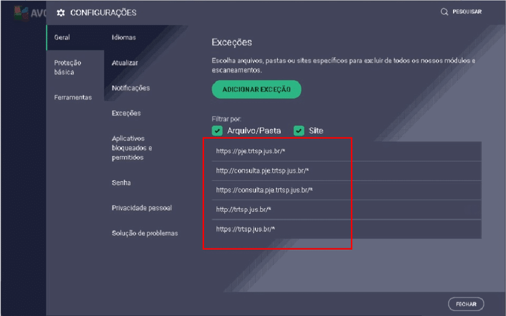 Antivírus bloqueando acesso ao TRT 7 Sites liberados