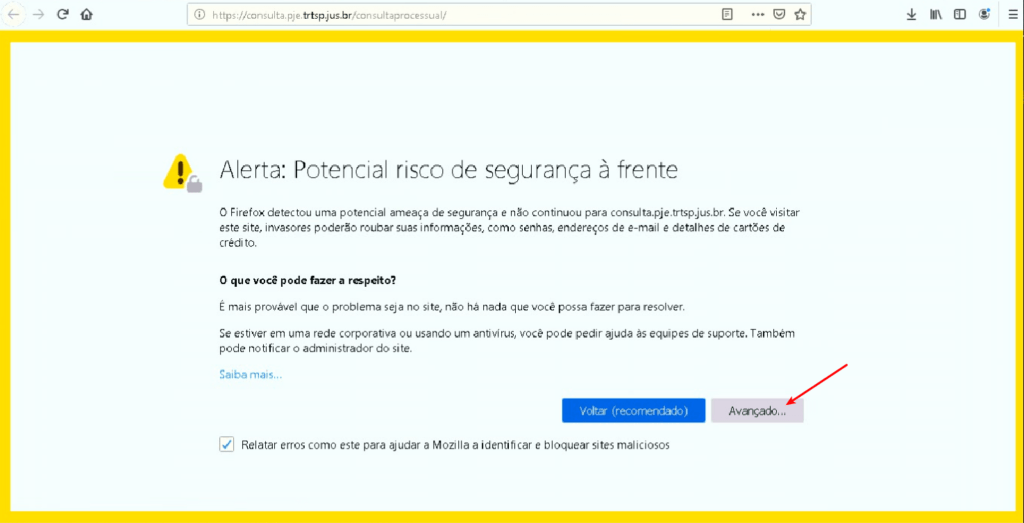 Antivírus bloqueando acesso ao TRT 8 Aviso de segurança