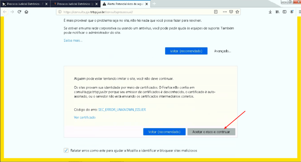 Antivírus bloqueando acesso ao TRT 9 Continuar assim mesmo