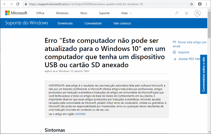 Atualização de maio/2019 não instala com pendrives conectados