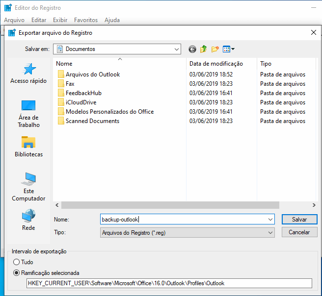 Exportar ou tirar backup do perfil do Outlook 3 Exportar chave para arquivo .REG