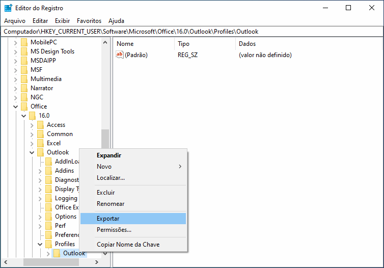 Exportar ou tirar backup do perfil do Outlook 2 Localizar chave referente ao Outlook