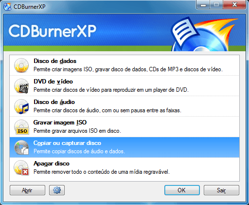 Selecionar Copiar ou Capturar Disco