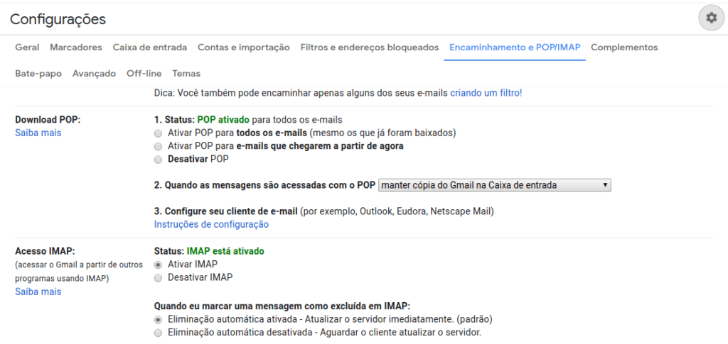 Credenciais inválidas em sua conta Gmail 5 Ativar IMAP no gmail