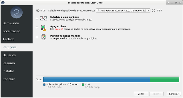 Particionamento na instalação do Debian 10