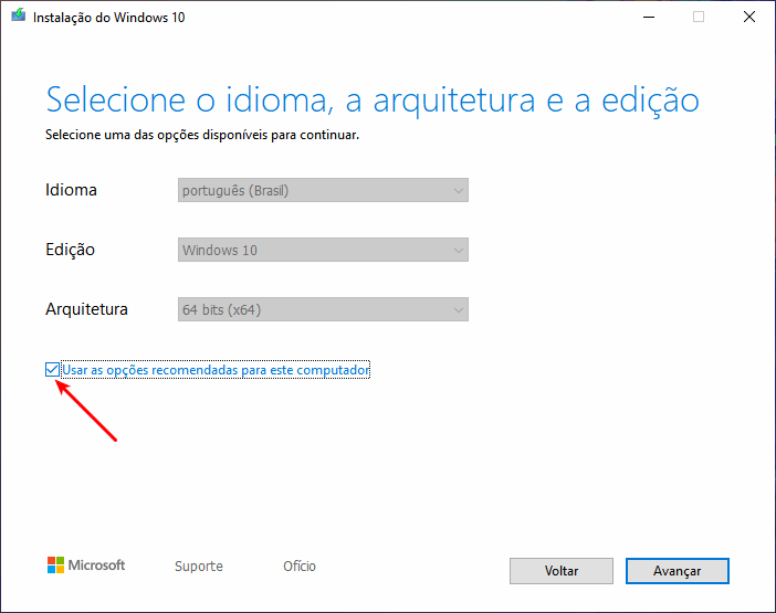 Baixar Windows 10 - Desmarcar opções recomendadas
