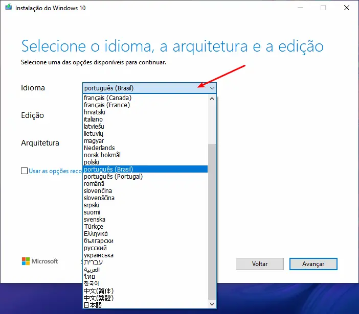 Baixar Windows 10 - Selecionar idioma