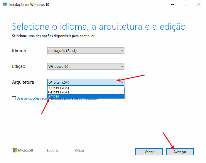 Baixar Windows 10 - Selecionar arquitetura 32 bits, 64 bits ou ambas