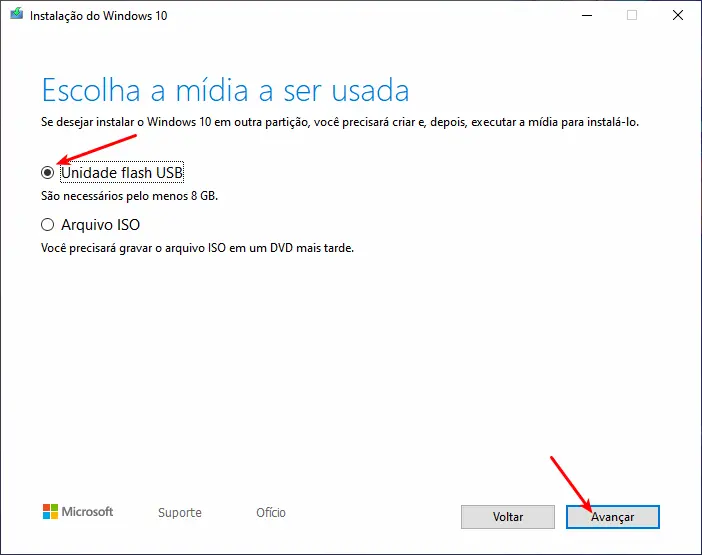 Baixar Windows 10 - Selecionar unidade flash