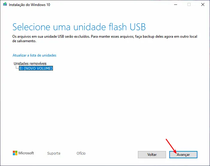 Baixar Windows 10 - Selecionar o pendrive