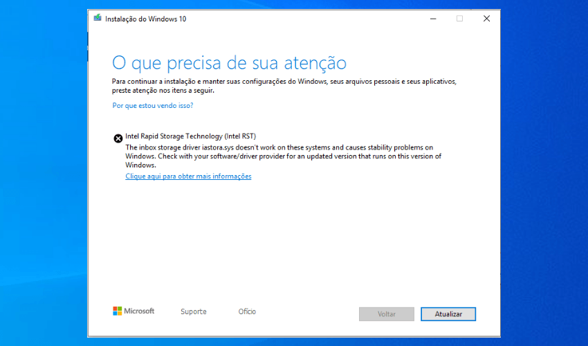 Erro no Windows Update driver Intel RST