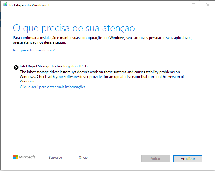 Intel RST dando erro na atualização de maio do Windows 10 1 Erro no Windows Update Maio/2010 driver Intel RST