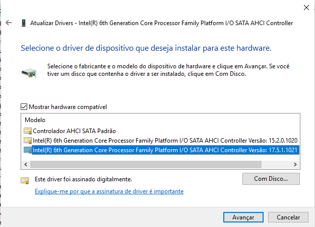 Intel RST dando erro na atualização de maio do Windows 10 14 Driver com a versão 17