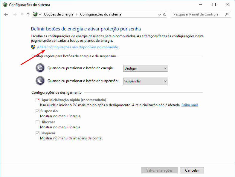 Ativar a inicialização rápida no Windows 10 4 Alterar configurações não disponíveis no momento