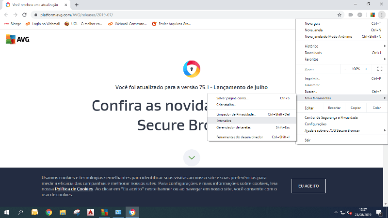 Menu e extensões do Chrome