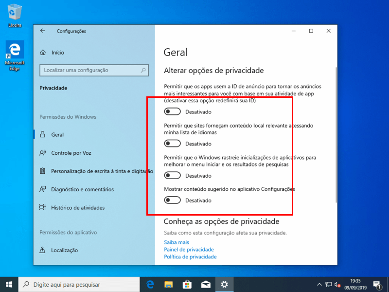 Configurações para deixar seu Windows 10 mais rápido 14 Opções de privacidade