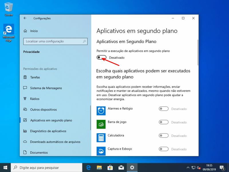 Desativar aplicativos em segundo plano