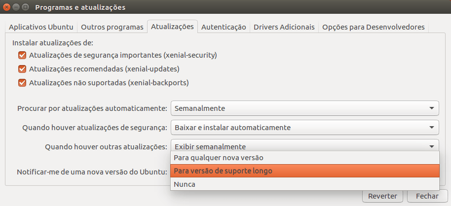 Opções do atualizador do Ubuntu