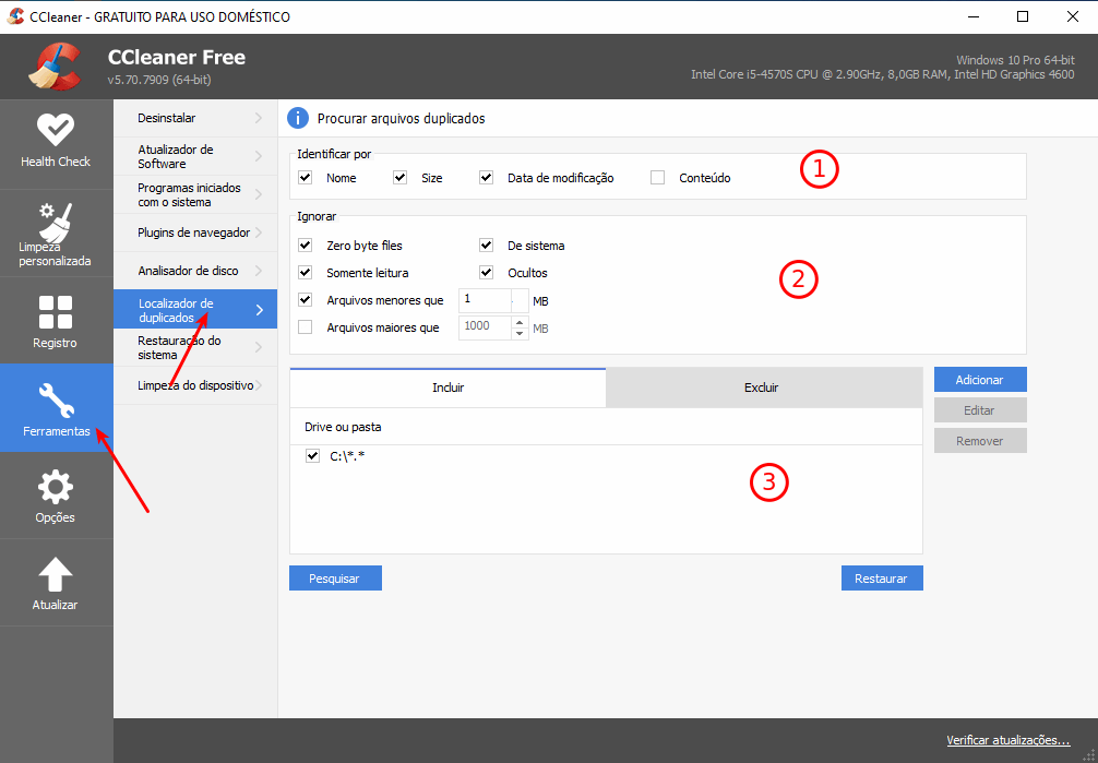 Procurar e remover aquivos duplicados no Windows 1 Localizar aquivos duplicados via CCleaner