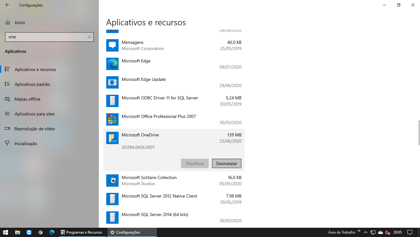 Erro 0xc1900209 ao atualizar Windows 10 versão 2004 5 Desinstalar Onedrive pelas Configurações
