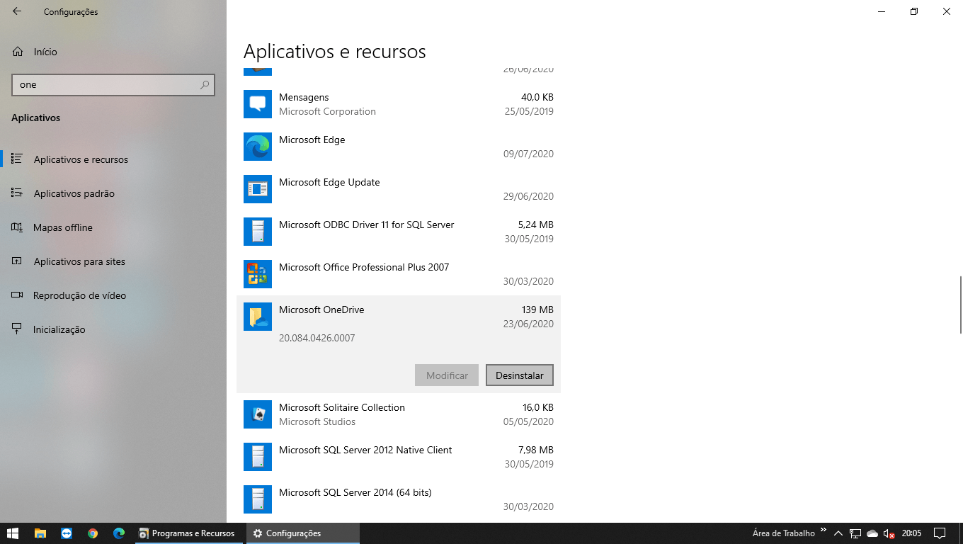 Desinstalar Onedrive pelas Configurações