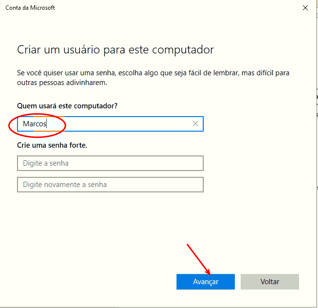 Criar usuários no Windows 10 8 Informe o nome do usuário