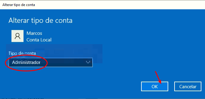 Selecionando uma conta como administrador