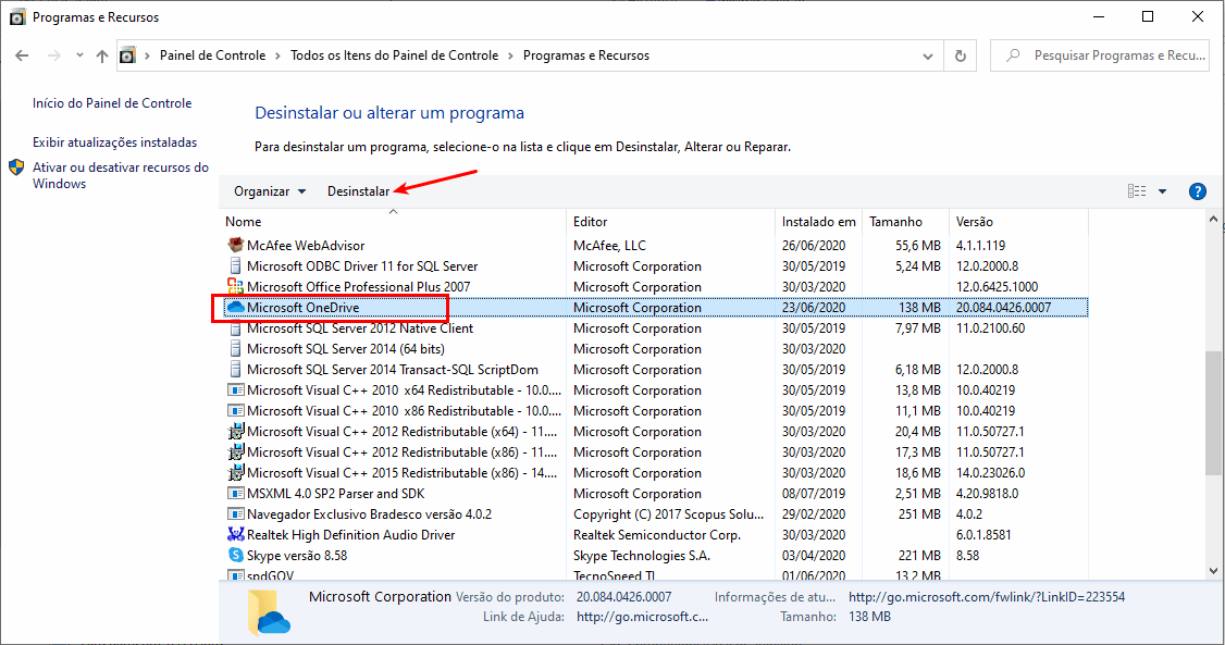 Erro 0xc1900209 ao atualizar Windows 10 versão 2004 8 Desinstalar OneDrive pelo Painel de Controle