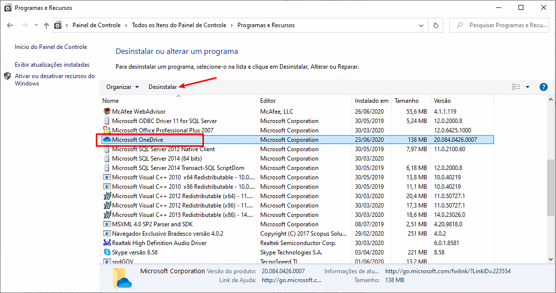 Desinstalar OneDrive pelo Painel de Controle