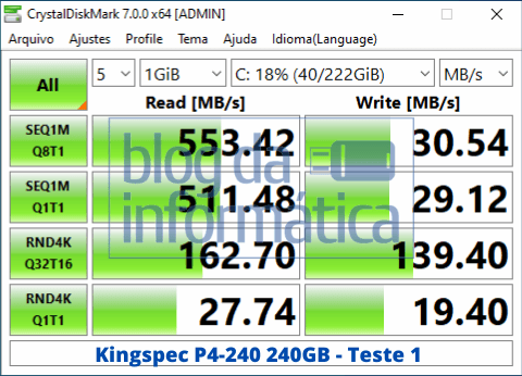 Análise do SSD Kingspec P4-240 1 Análise do SSD Kingspec P4-240 1