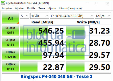 Análise do SSD Kingspec P4-240 2