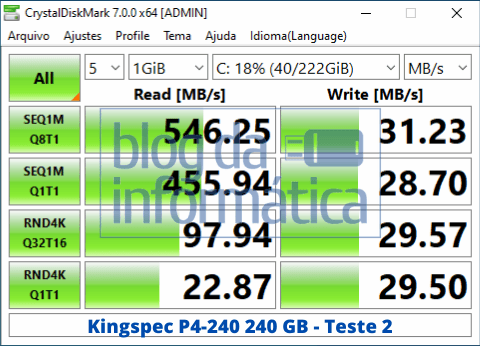 Análise do SSD Kingspec P4-240 2 Análise do SSD Kingspec P4-240 2