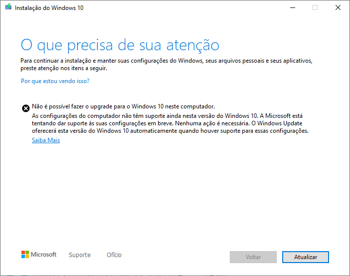 Não foi possível fazer o upgrade nesse computador