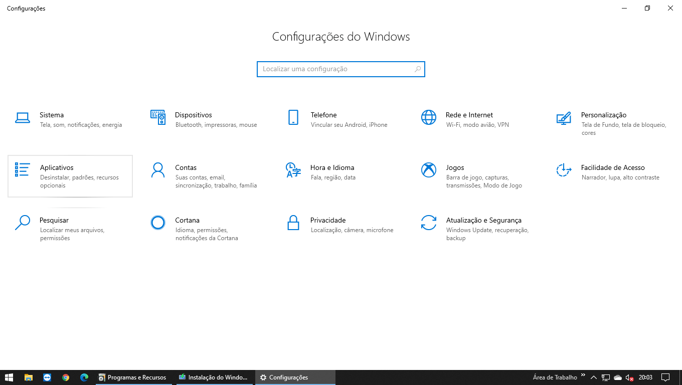 Painel de configurações do Windows