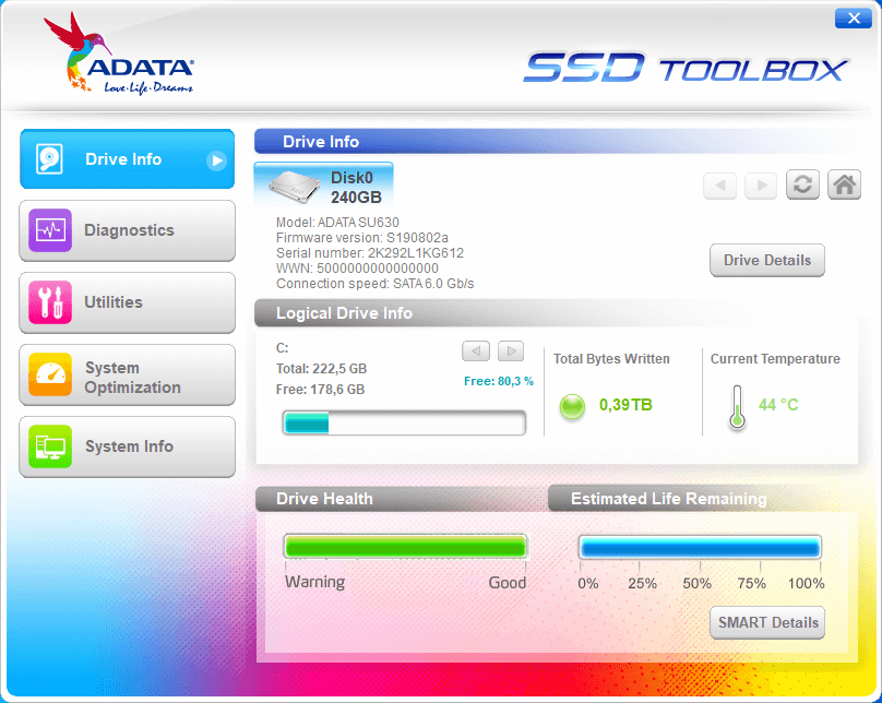 Adata SSD Toolbox - Tela 1