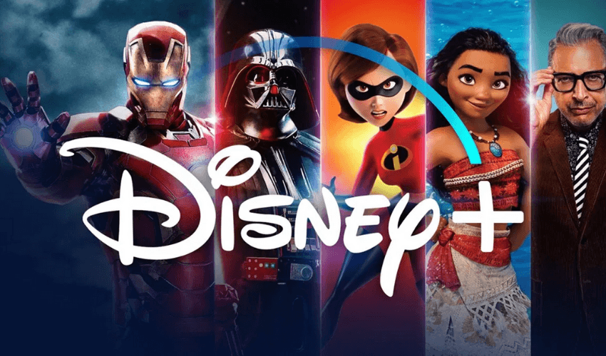 Imagem promocional da Disney, com o Homem de Ferro, Darth Vader, Os Incríveis, Moana e logo da Disney Plus