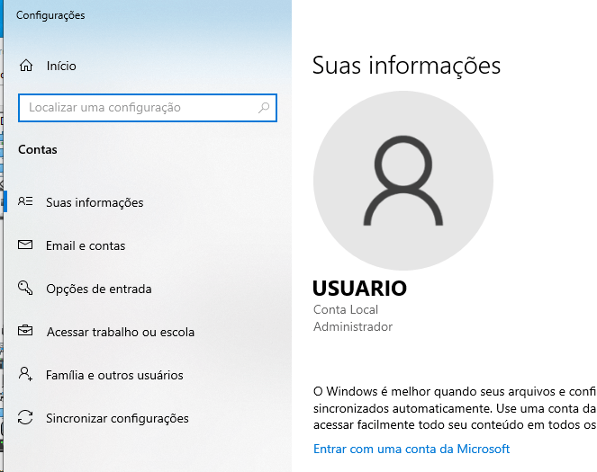 Informações da sua conta do WIndows 10