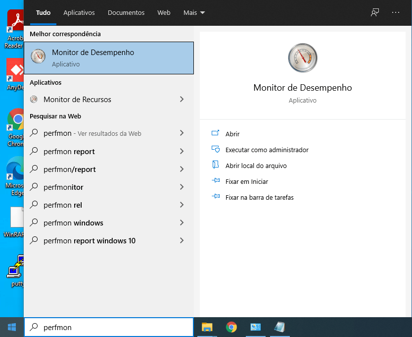 Menu iniciar aberto com busca por Monitor de Desempenho, o perfmon.exe