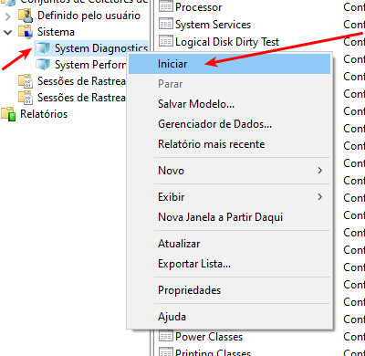 Diagnóstico do sistema aberto, dentro do Monitor de desempenho, clicando no botão iniciar para começar os testes