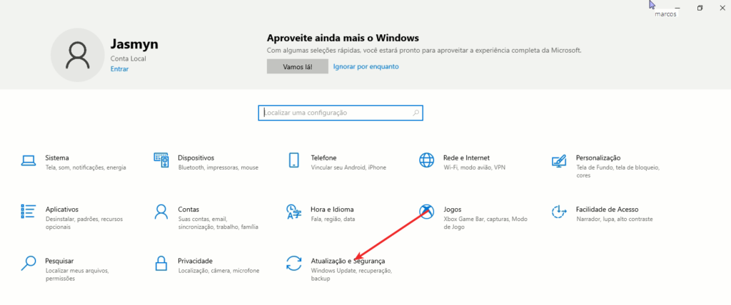 Iniciar > Configurações Atualização e segurança