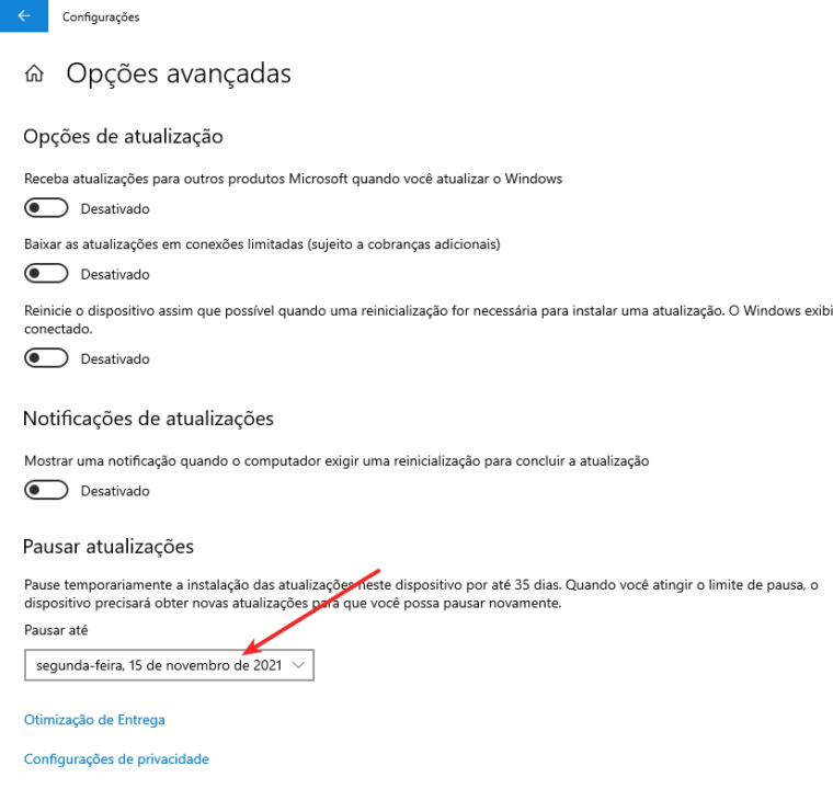 Iniciar > Configurações Mudar data da pausa temporária do Update