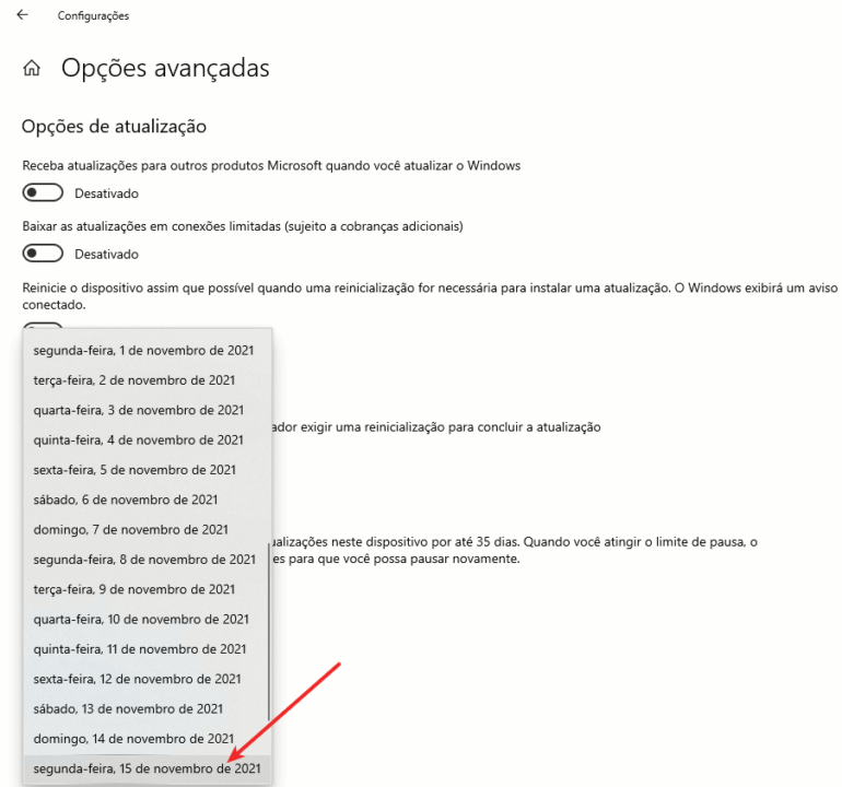 Iniciar > Configurações Colocar data para 30 dias