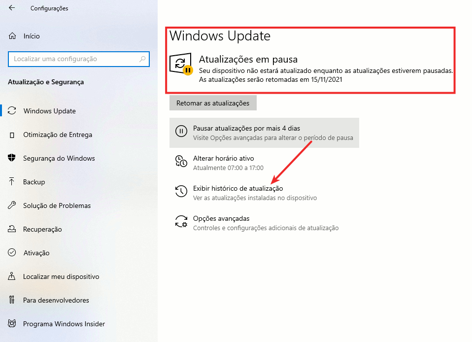 Iniciar > Configurações Exibir histórico de atualização