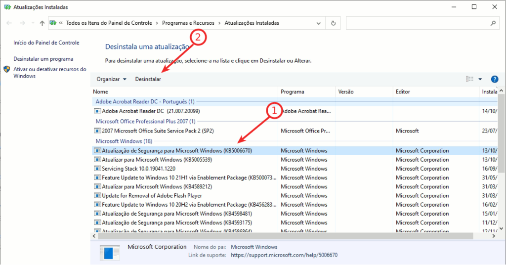 Selecionar e desinstalar o KB5006670