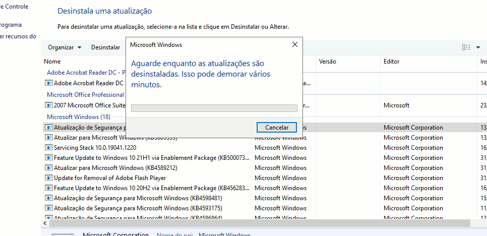 Iniciar > Configurações Aguardar a conclusão da desinstalação