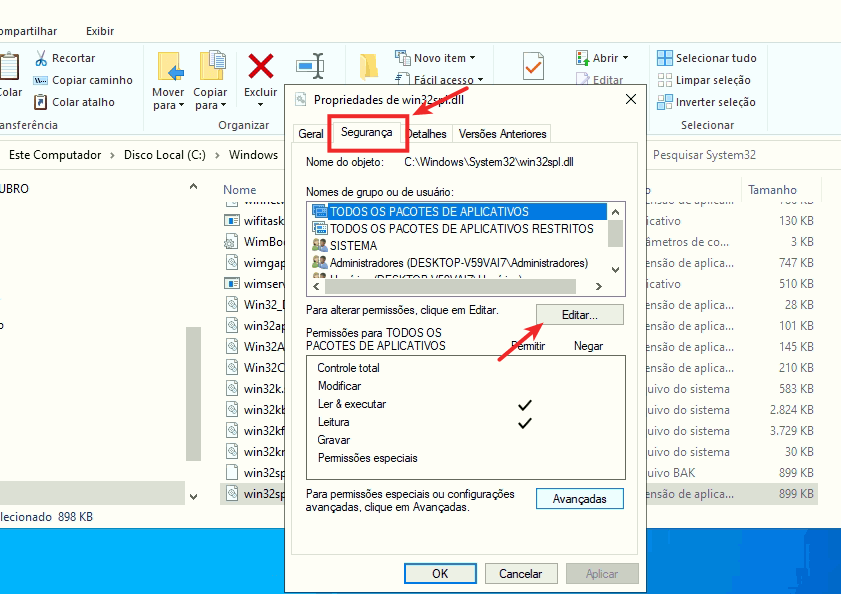 Iniciar > Configurações Editar as permissões