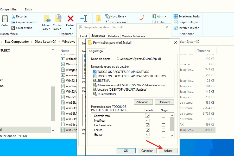 Iniciar > Configurações Aplicar as permissões