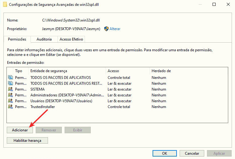 Iniciar > Configurações Adicionar as permissões para um usuário