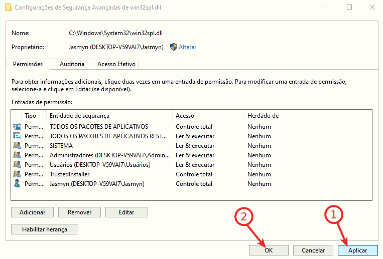 Iniciar > Configurações Aplicar permissões do usuário